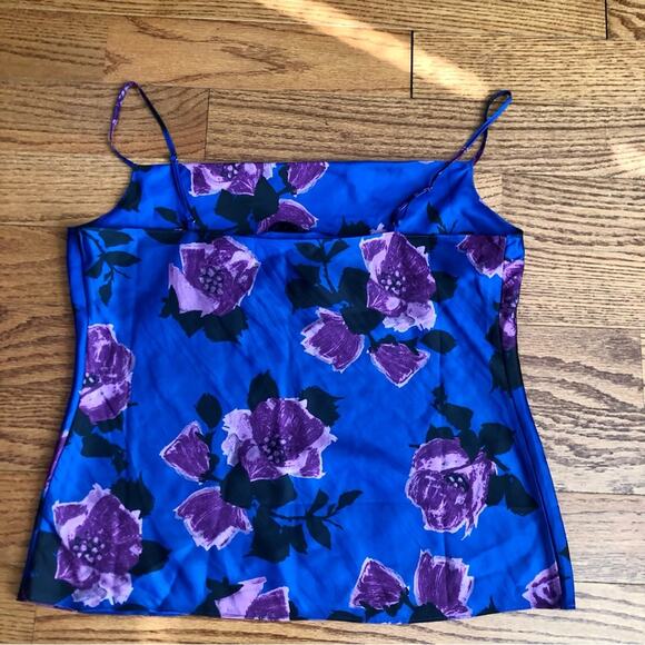 PAIGE Camisole Cowl Drape Neck Sleeveless Satin Floral Print Blue Purple M NWT - Picture 9 of 12